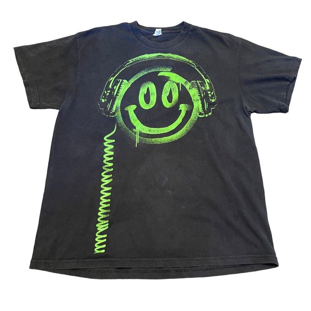 Vintage Delta Pro Weight Black Neon Smiley Face Graphic T-Shirt L